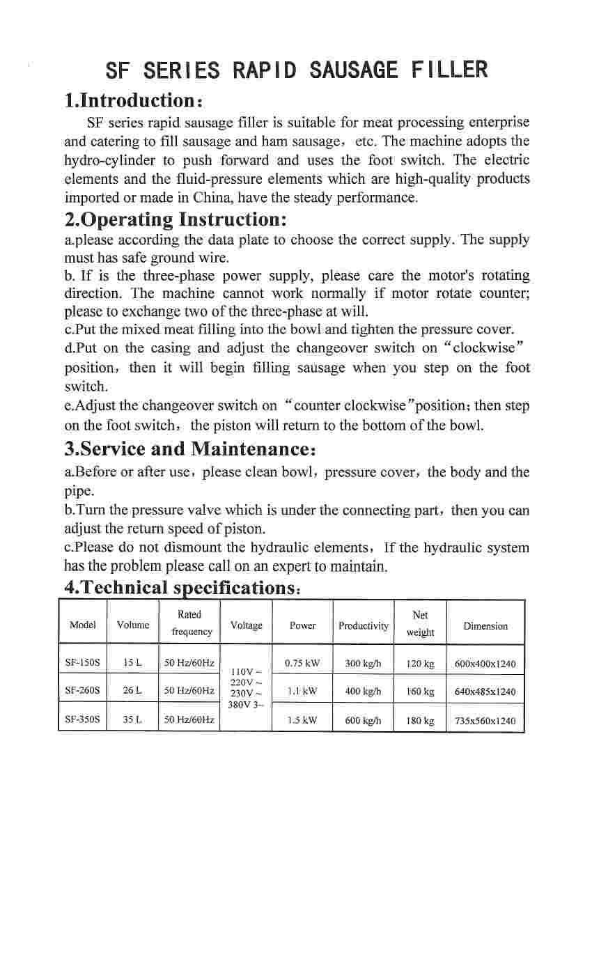 hydraulic sausage stuffer Manual